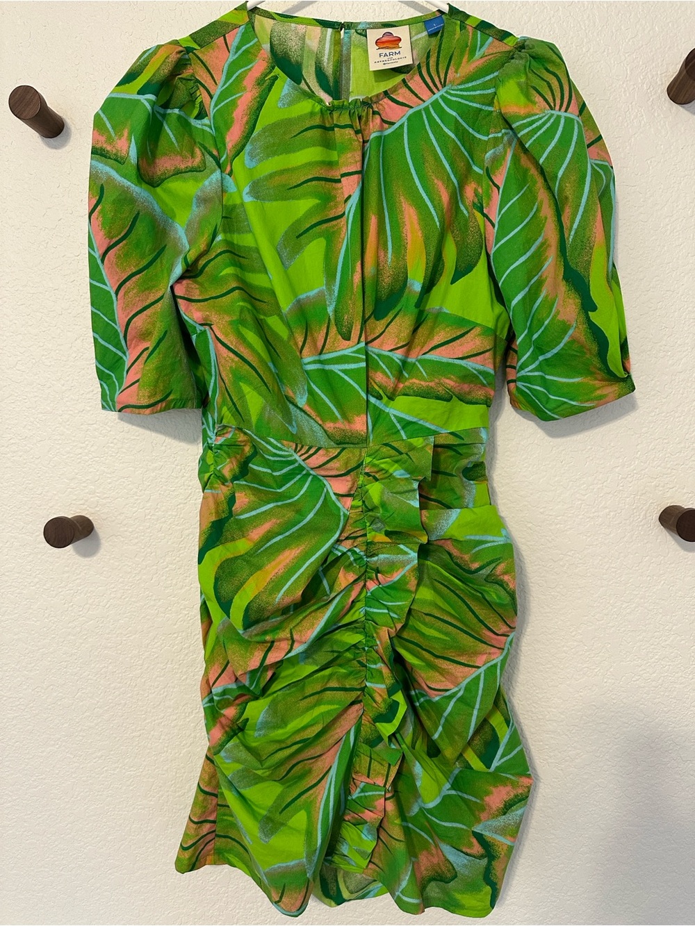 FARM Rio Lime Green Tropical Leaf Ruched Mini Dress